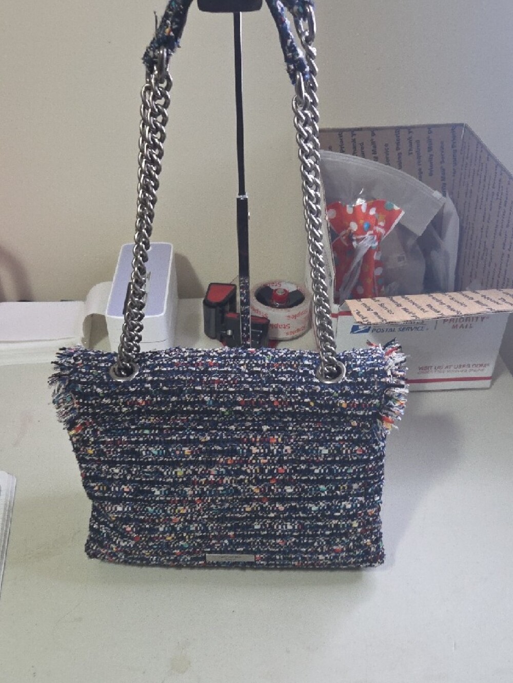 Kurt Geiger Large Kensignton Tweed Chain-Handle Shoulder Bag in Navy Mix - Picture 8 of 10